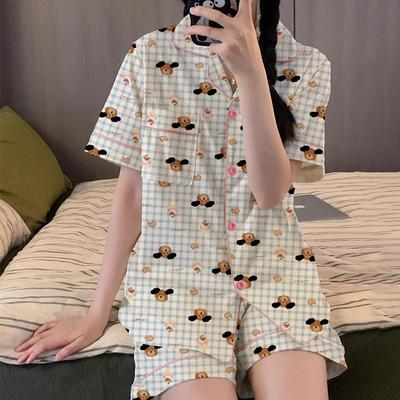 Милая милая пижама с щенком Женская летняя тонкая клетчатая мультяшная свободная одежда для дома с коротким рукавом