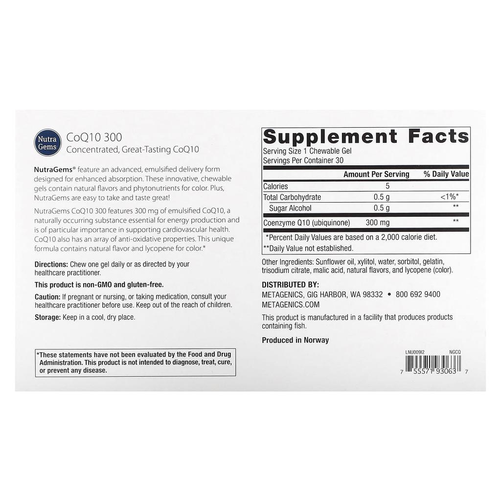 Nutragems Coq10 300, 300Mg, Chewable Gels 30 Tablets