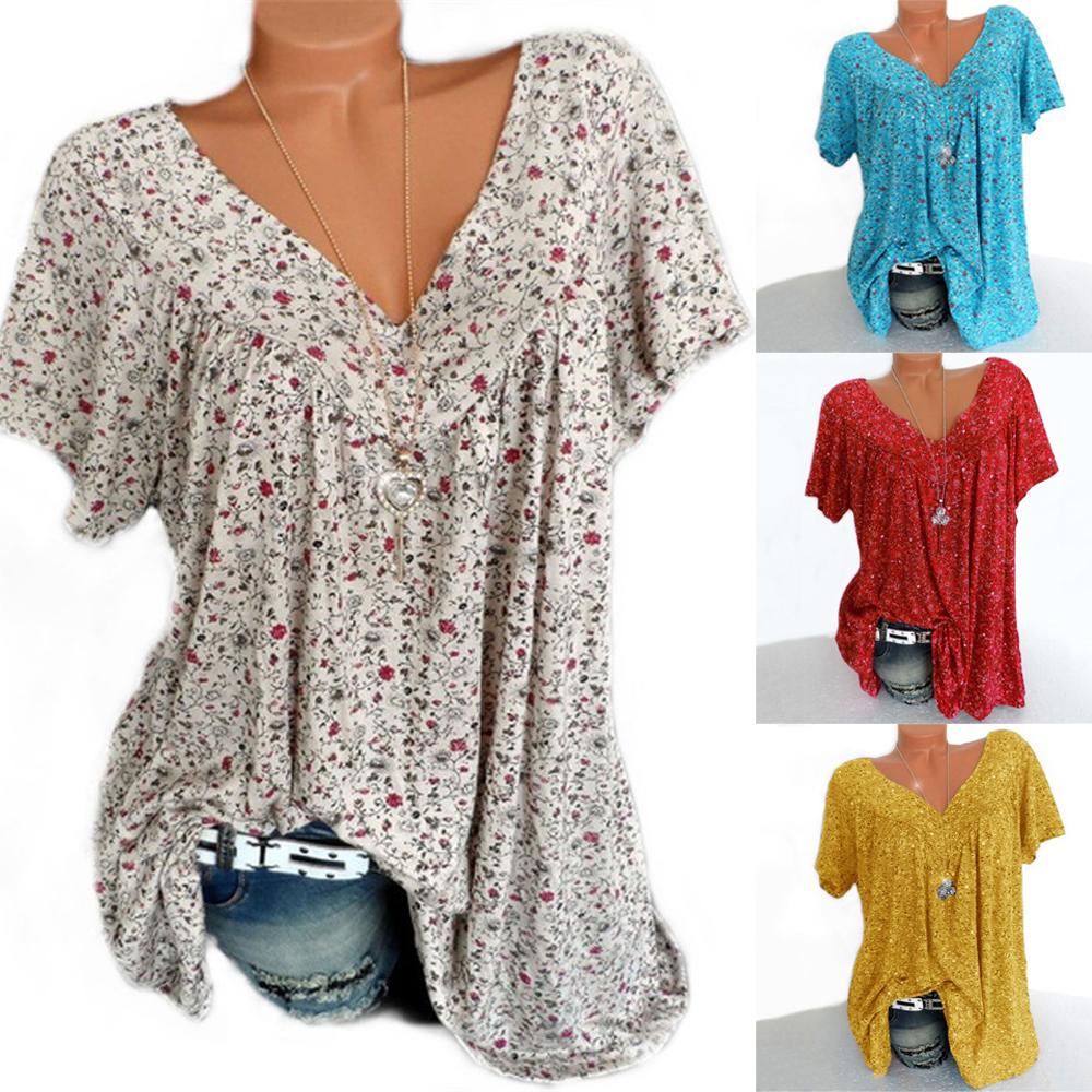 Винтажный цветочный узор с принтом, свободная футболка с короткими рукавами, женские повседневные летние топы с v-образным вырезом, S-5XL, большие размеры