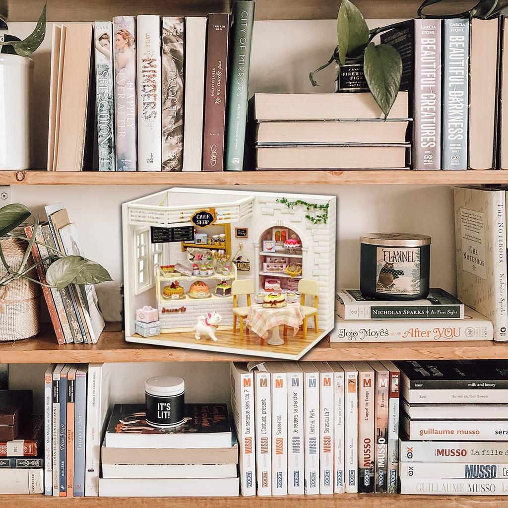 Socpuro Dollhouse DIY Kit Set for Miniature House with LED Gorgeous Wooden Christmas Cute Handmade Small DIY Kit "Cat Cafe" Beginners, Lights,