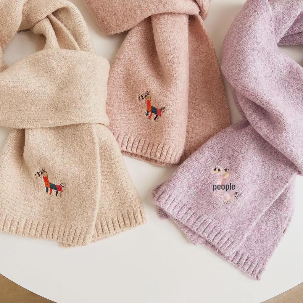 2024 Autumn/Winter Korean Knitted Wool Scarf - Women's Warm, Thick, Embroidered Design