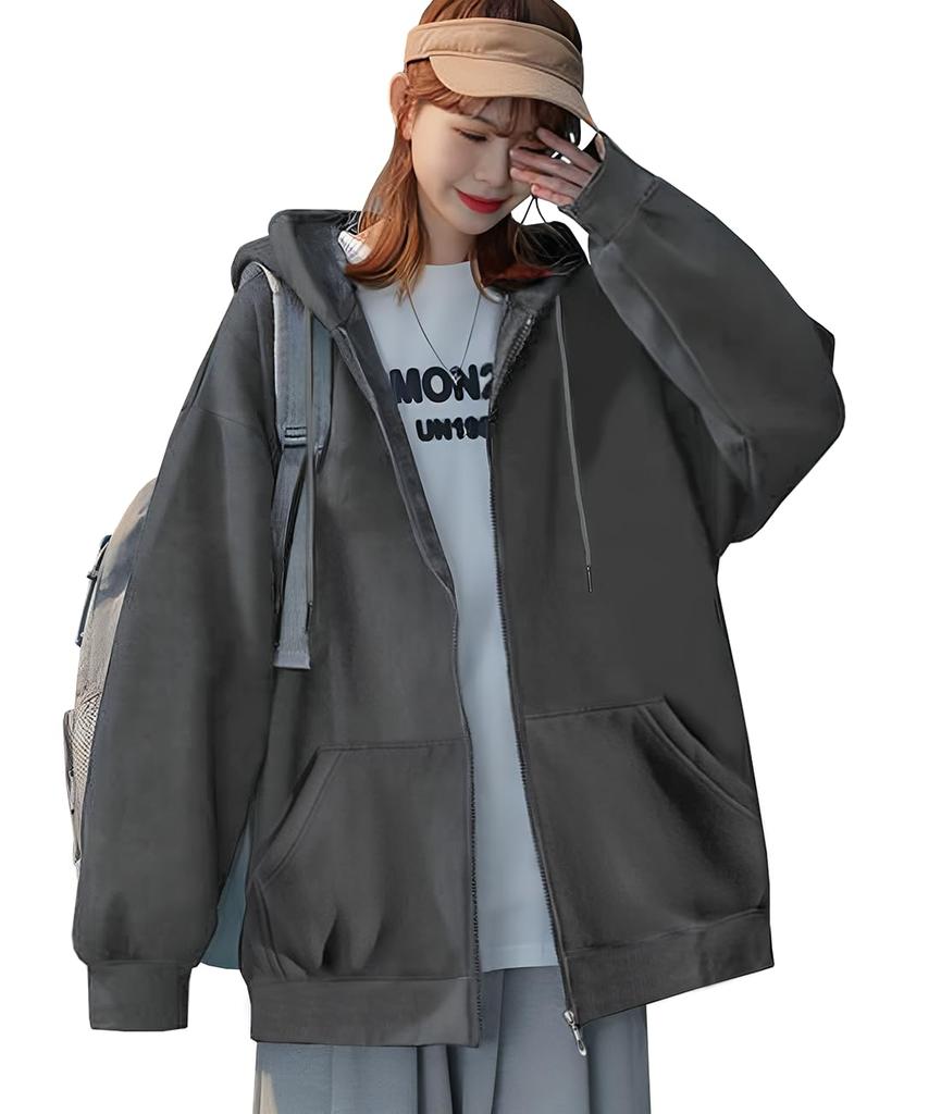 EASTEMPO Long Sleeve Loose Solid Plus Sizes Dark Women's Hoodie, Fall/Winter, Fleece-Lined, Zip-Up, Fit, Color, Stylish, (JP, Alphabet, L, Gray)