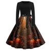 Womens Casual Vintage Halloween Print Dress Long Sleeve Round Neck Retro Fit Flared Skirt Midi Dress with Waist Tie for Autumn