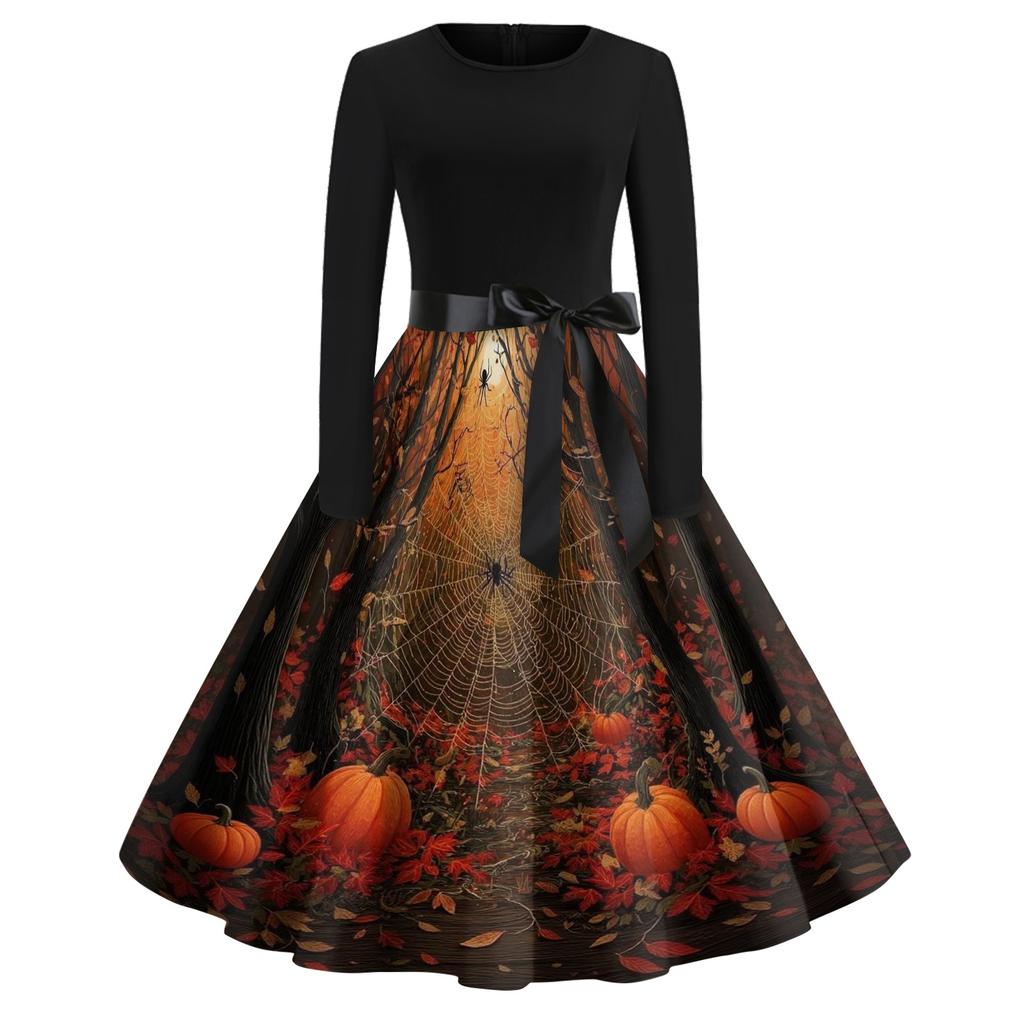 Womens Casual Vintage Halloween Print Dress Long Sleeve Round Neck Retro Fit Flared Skirt Midi Dress with Waist Tie for Autumn