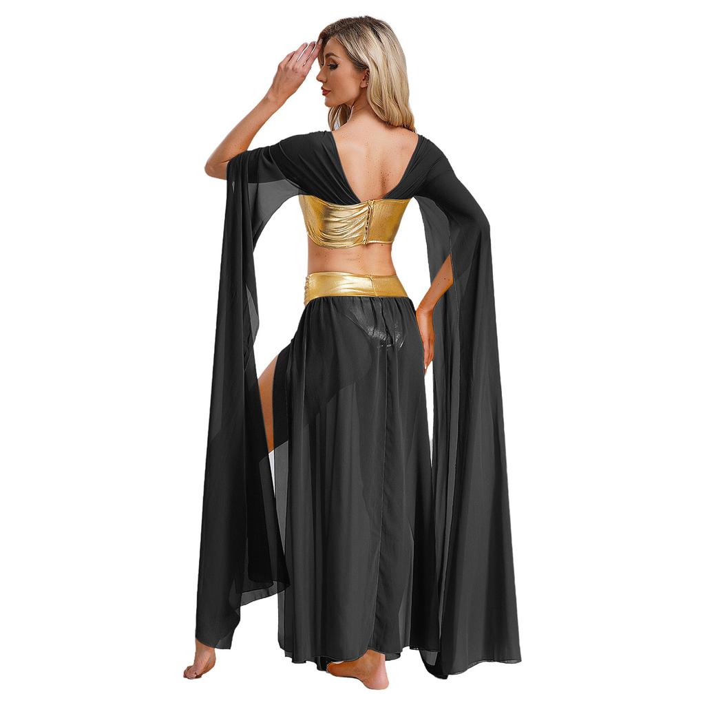 Womens Egyptian Cleopatra Costume Crop Top Split Chiffon Skirt Set Halloween Party Wear