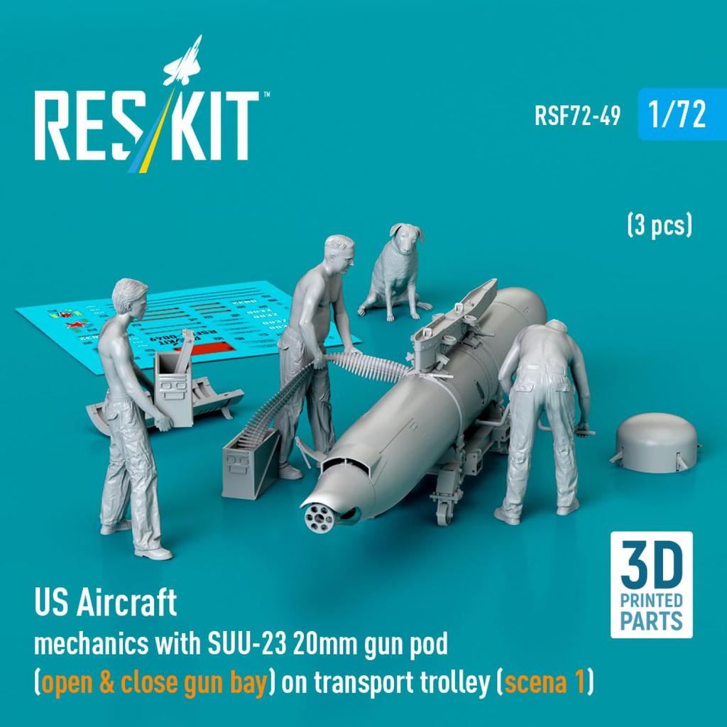 Reskit American Mechanic Gun Pod Trolley 3D Printer Resin Kit 1/72 w/SUU-23 & (Type 1) (3 Pieces) RSKF72-0049 (Airplane)