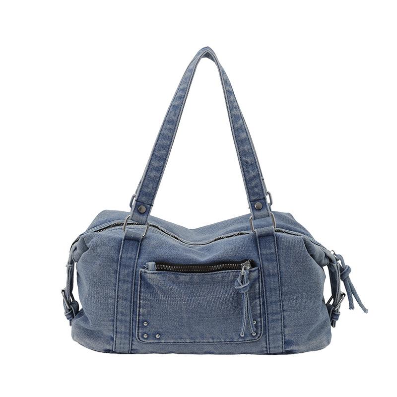 Women Denim Shoulder Bag Casual Tote Handbag with Multi Zipper Pockets