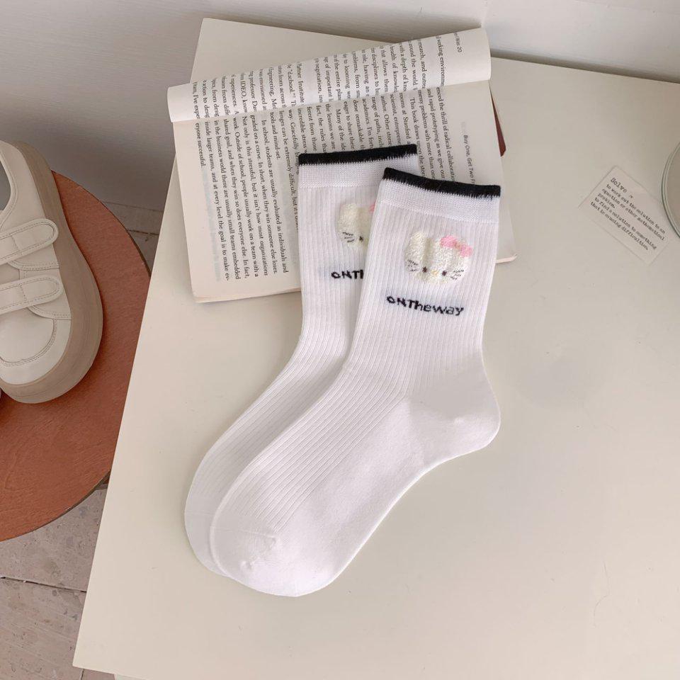 Хлопковые кошачьи носки: Женские до середины икры, весна/осень, японский и корейский стили преппи, флокированный ворс, длинные носки.