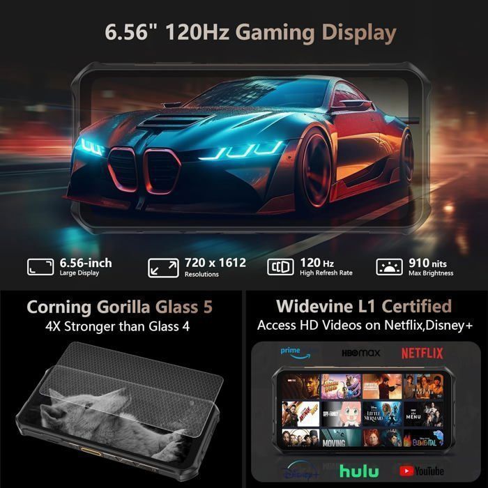 Telephone Portable Incassable 5G Ulefone Armor X16 Pro 16+256Go Écran 6.56" 120Hz 10360mAh Smartphone Incassable 64MP/NFC/GPS Noir