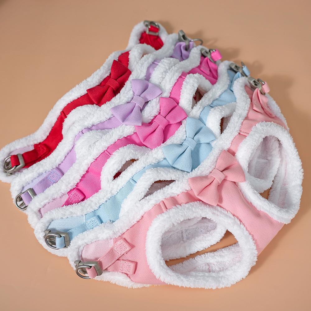 Cute Bowknot Dog Harness Leash Warm Winter Dog Harnesses Soft Fur Pet Vest With Walking Rope Adjustable for Small Medium Dogs