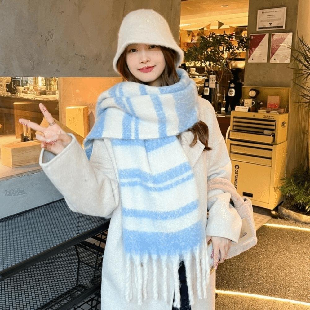 Mohair Winter Cashmere Scarves Tassel Neck Warmer Simple Stripe Wool Scarf Student