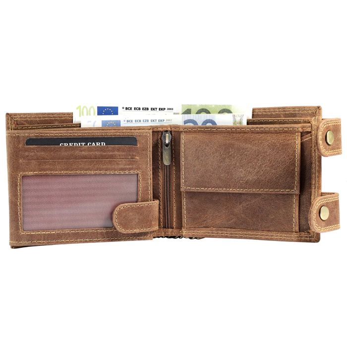 Portefeuille - LEONARDO VERRELLI - Horizontal motif crâne - Cuir buffle véritable - 8 fentes cartes - Porte-monnaie bouton-pression