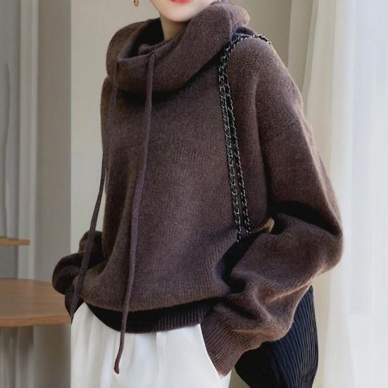 Women Sweater Pile Collar Drawstring Hooded Long Sleeve Knitting Tops Solid Color Casual Loose Fit Knitwear