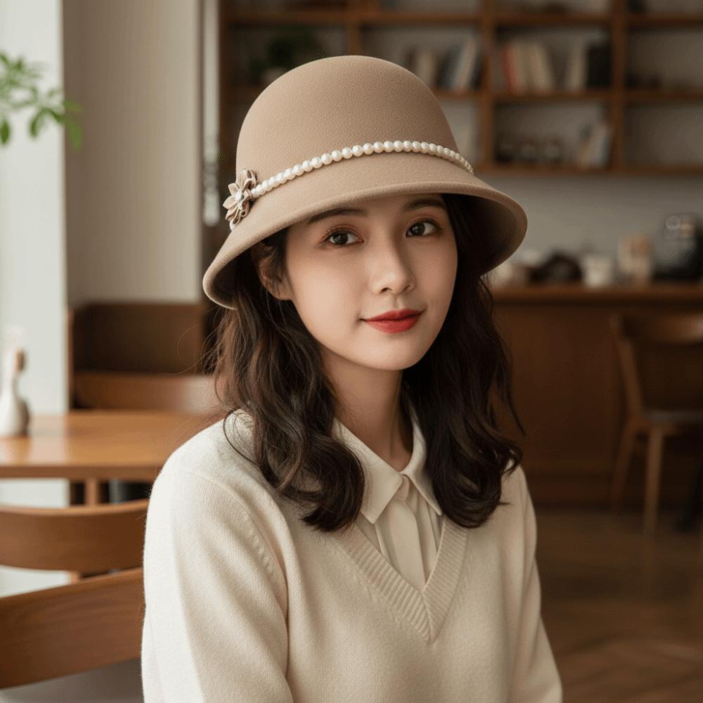 French Style Fisherman Hat Solid Color Woolen Bucket Hat Elegant Flower Topper Hat  Autumn Winter