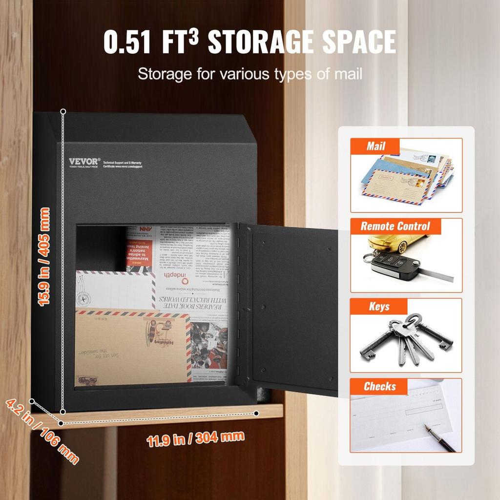 Through The Door Key Drop Box 12x6x16" Mailbox with 1.8"12" Key Lock Black