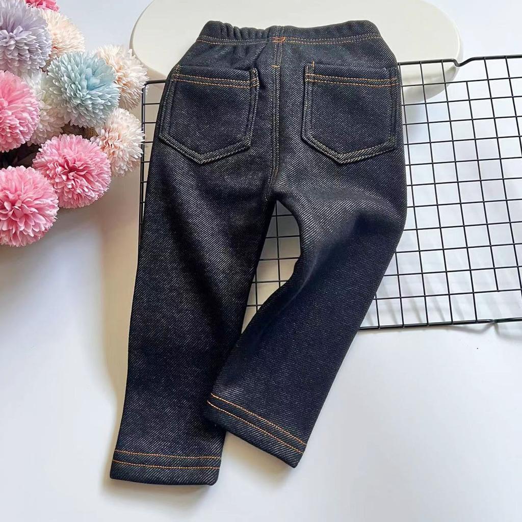 Autumn and Winter Winter Children's Jeans Boys and Girls' Solid Color Thin Velvet Elastic Belt Jeans Infant Elastic Denim Pants1-6Y