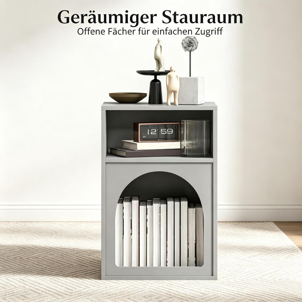 Set of 2 nightstands, bedside table with open compartments, curved design