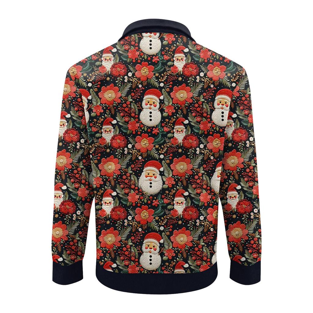 Men's Christmas Cotton Pullover Long Sleeve Outdoor Shirt Vintage Corduroy Button Stand Collar Shirt Casual Sweatshirt Christmas Print Top