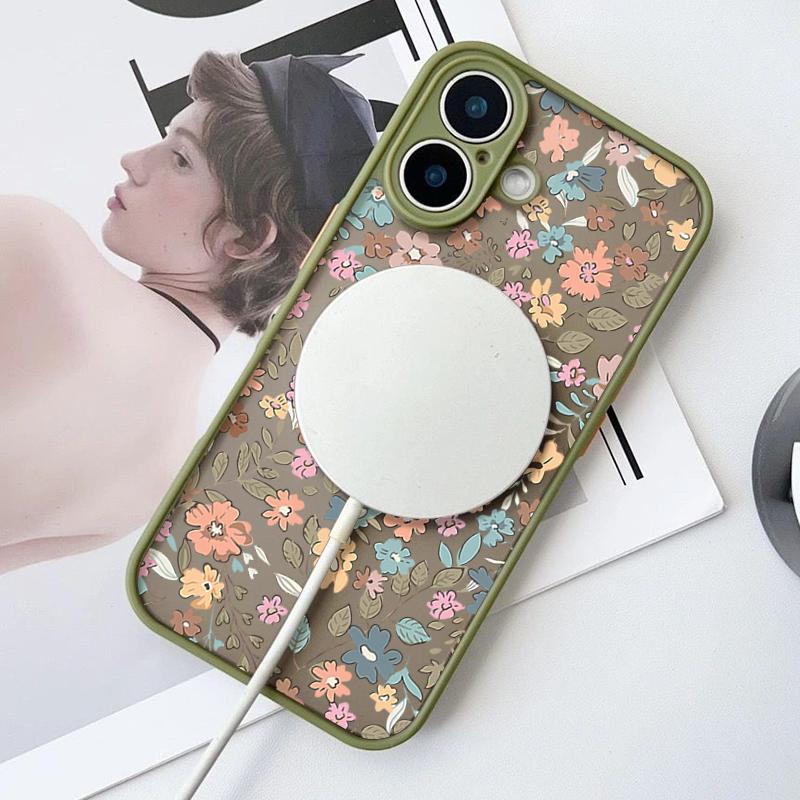 Магнитный чехол с узором из оранжевого цветка для iPhone 16 Pro 15 14 Plus 13 12 Pro Max 11, ударопрочный, прозрачный, с мягкими краями, акриловый, жесткий, защитный чехол для линз