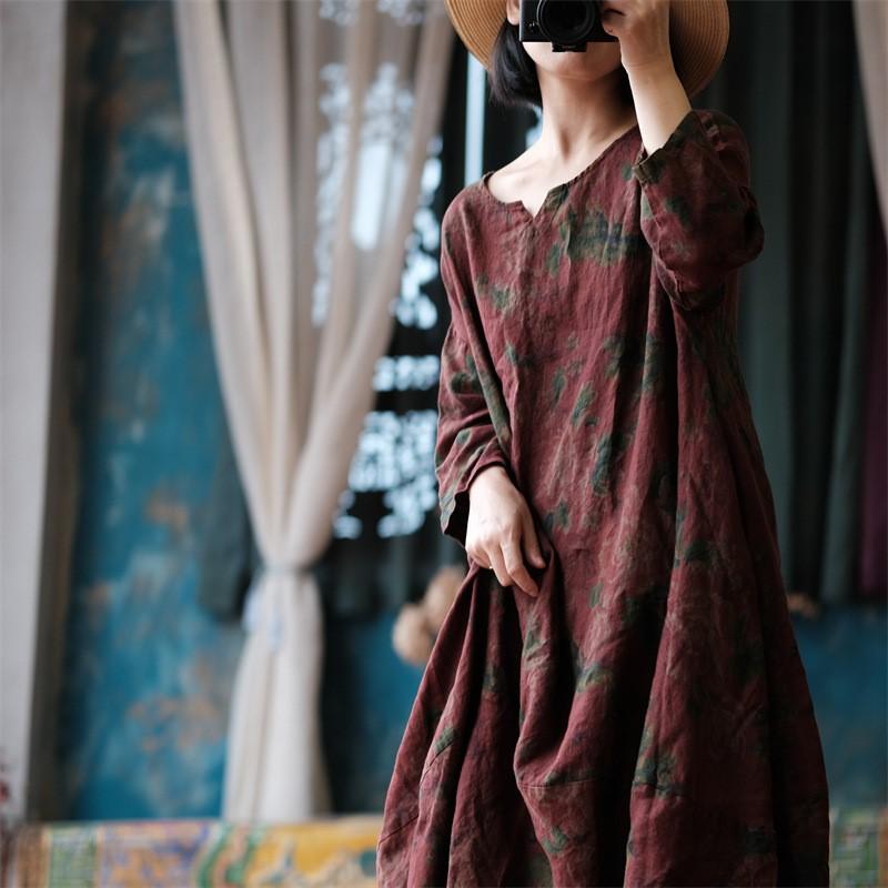Johnature Осеннее женское свободное льняное платье с принтом, винтажное платье с круглым вырезом в китайском стиле с длинными рукавами