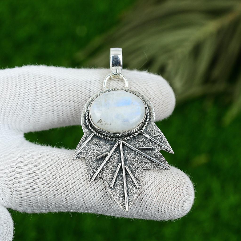 Подвеска с натуральным радужным лунным камнем, белое серебро 925 пробы