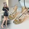9cm Heel Shoes Sexy High Heels Thin Belt Gold Sandals Open Toe Strap Cross Sandalias Mujer Fashion Ladies Party Club Dress Shoes