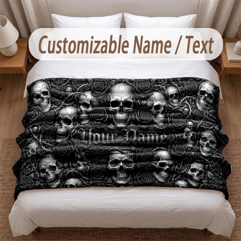 Skull Gothic Theme Soft Blanket Personalized Custom Name Text Print Warm Blanket Home Sofa Bedroom Decor