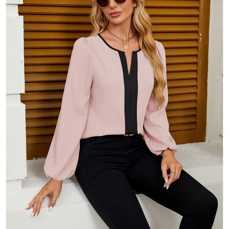 Весенняя женская новая рубашка-топ с V-образным вырезом и длинными рукавами в тон