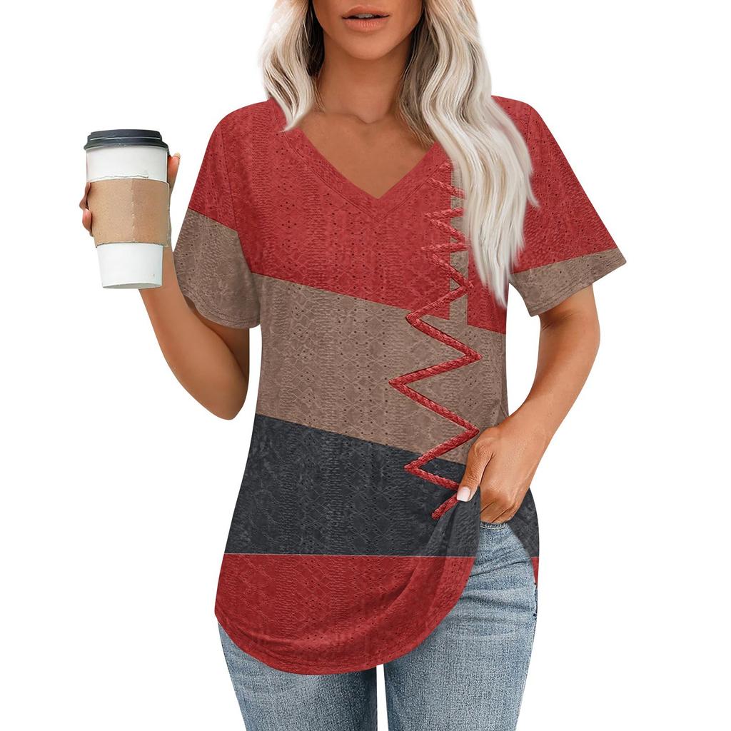 Womens T Shirts V Neck Short Sleeve Casual Tops Loose Fit Basic Tees With Curved Hem