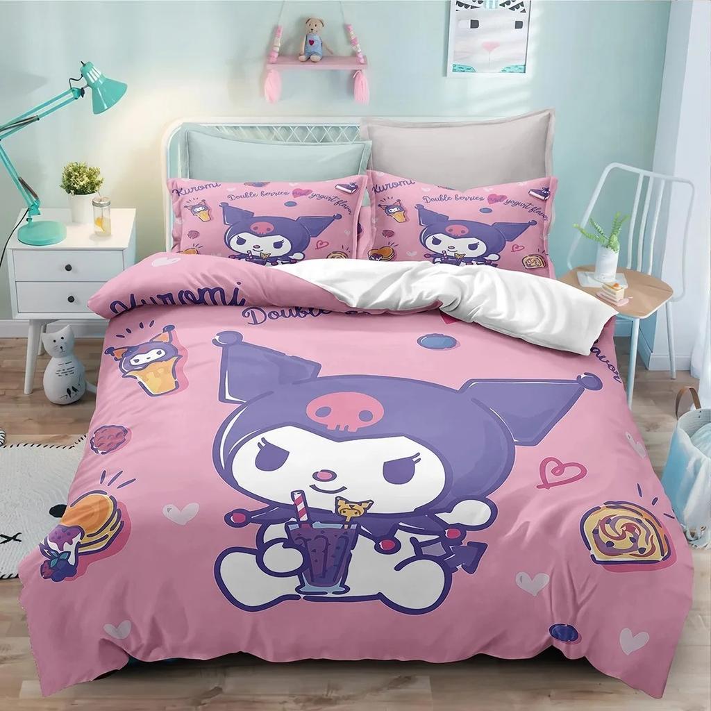 Пододеяльник Kuromi Мультяшный Sanrio Полный Милый Детская Спальня 100% Полиэстер Подарок для Взрослых Комплект Постельного Белья 2/3 шт.