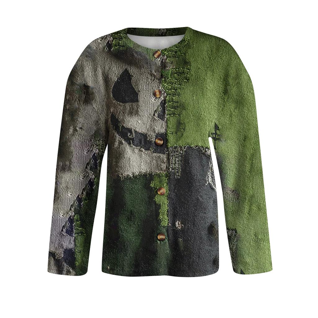 Women's Fashion Printed Long Sleeve Knitted Cardigan Button Down Jacket