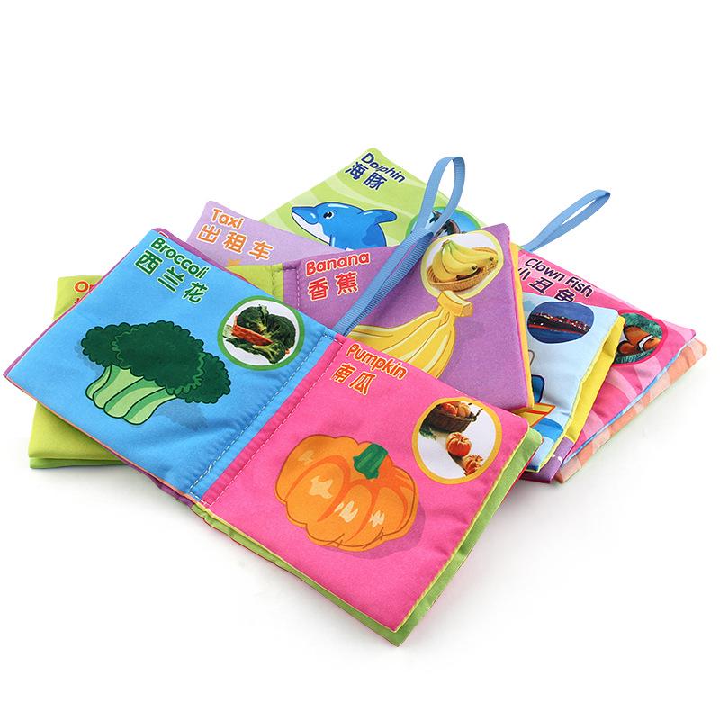 Baby Cloth Book Early Education Cognitive Toys Chinese And English 2-In-1 Palm Book 4 Pages 8 Sides Baby Cloth Book With Sound Paper Bag