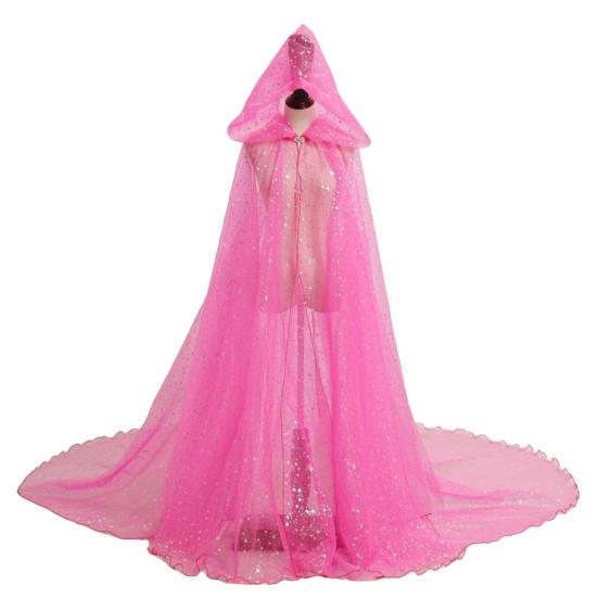 Women Tulle Hooded Cape with Long Train Sparkling Long Sheer Elf Cloak Gothic Witch Robe Costume for Wedding Bride Halloween Cosplay