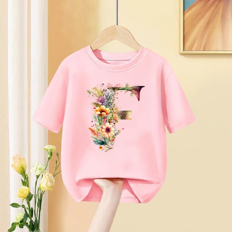 Девочки Футболка С Пользовательским Именем Комбинация Букв Принт Футболка Цветочный Буквенный Шрифт A B C D E F G Короткий Рукав Детские Розовые Топы