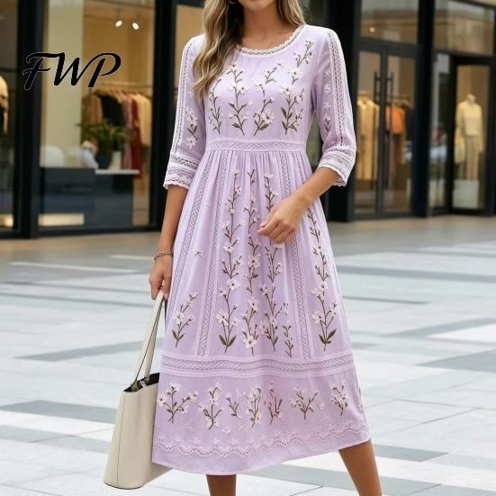 Slimming Silhouette Midi Dresses Autumn Floral Dress for Women, Long Sleeve Bohemian A Line Slim Fit Covering Belly Fat Dress, Vintage Waist-Cinching
