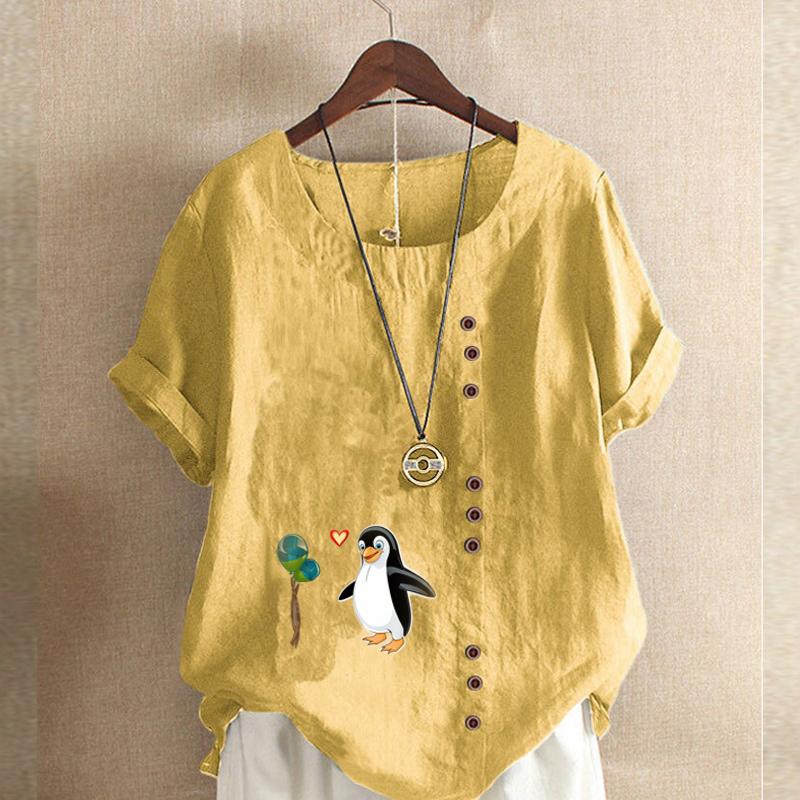 Women's Fashion Round Neck Short Sleeve T-shirt Casual Cotton Linen Graphic Shirt Leisure Loose Penguin Prined Summer Blouse Tops