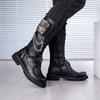2025 Rock Boots Tall Men's Leather Boots Skull Chain Lace-up Cowboy Boots Thick Sole Trend Stage Martin Boots
