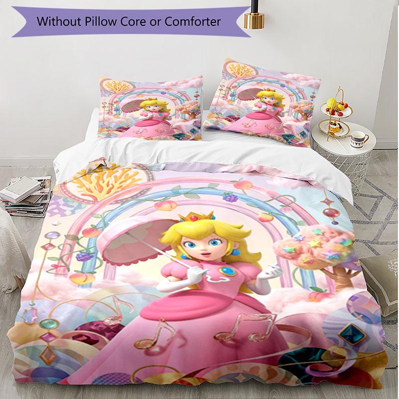 3pcs Duvet Cover Set (1*Duvet Cover + 2*Pillowcase, Without Core), Princess Peach Toadstool Print Soft All‑Season Bedding Set, Home Bedroom Decor Gift