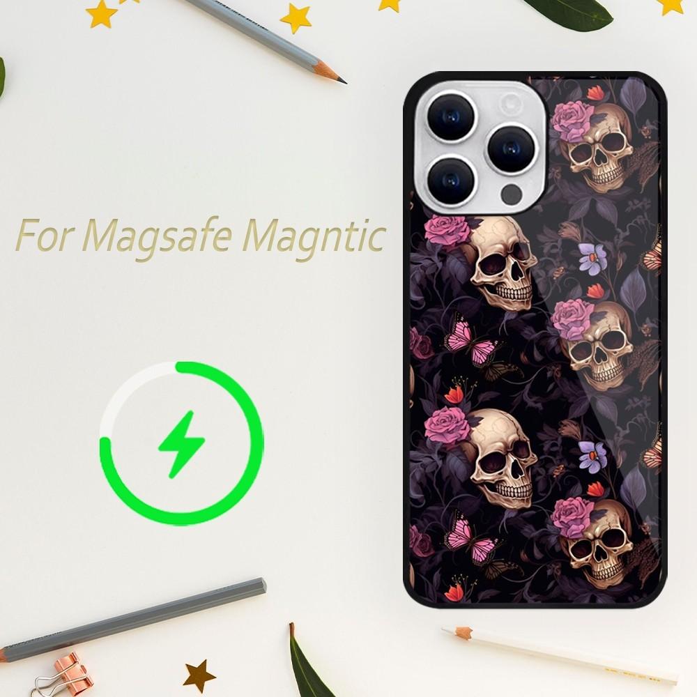 Роскошный чехол для телефона Skull Dead Flowers для iPhone 15 14 13 12 11 Plus Pro Max Magsafe Magnetic Wireless Charger