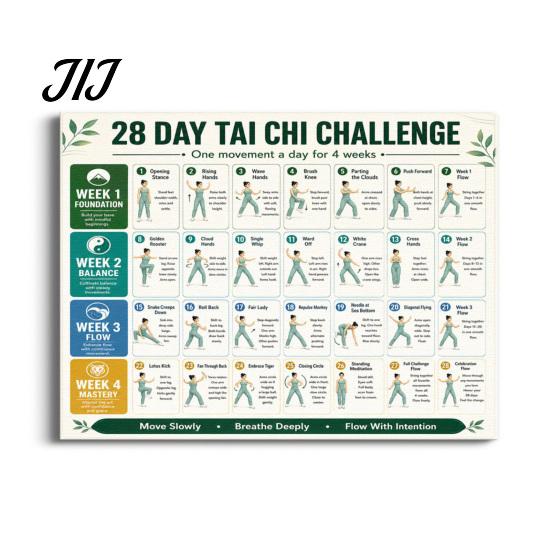 Physical Therapy Aid 28 Day Tai Chi Challenge Poster, Beginner Guide Chart, Senior Fitness Motivation Standing Home Workout Routine, Gentle Exercises