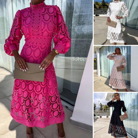 Женское весенне-летнее платье с воротником-стойкой и длинными рукавами, ажурное кружевное сплошное цветное двухслойное ретро платье макси с высокой талией для выпускного вечера