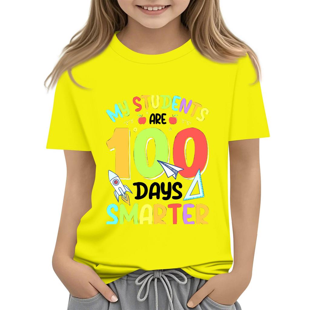Kids Fashion Casual Short Sleeve 100 Day School Anniversary Printed Round Neck T-Shirt Top