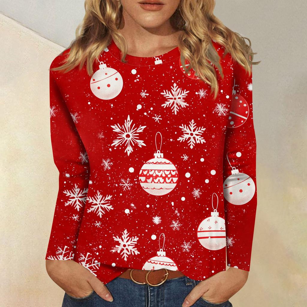 Женская модная повседневная футболка с круглым вырезом и рождественским принтом и длинными рукавами