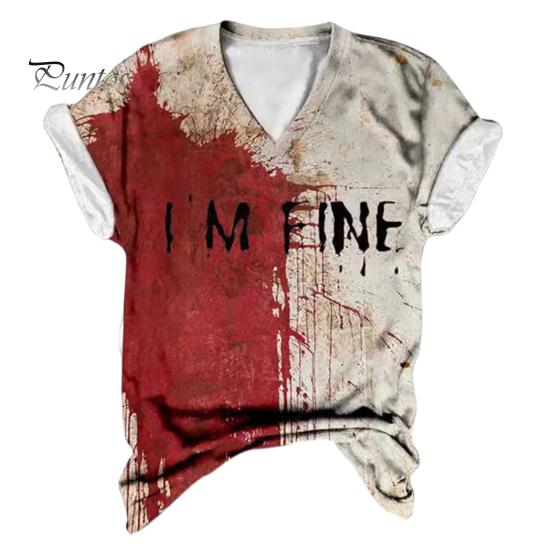 Женская футболка с V-образным вырезом и коротким рукавом, футболка с принтом крови на Хэллоуин, тонкая эластичная, для косплея, фестивалей, пуловеры, топы