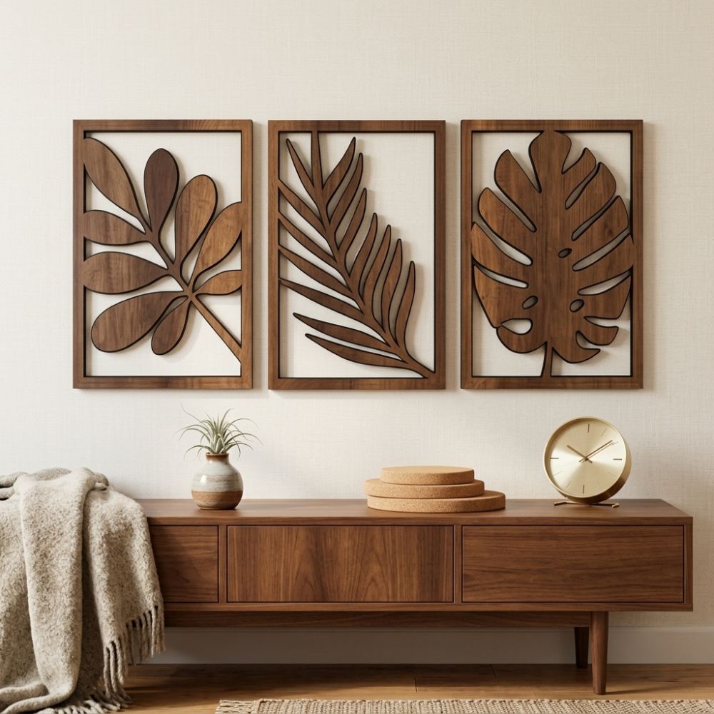 3Pcs Artistic Wooden Tropical Leaves Wall Sign Rustic Plant Wall Ornament Indoor Home Decor