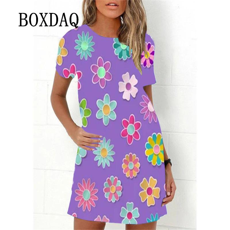 Женское весенне-летнее платье с радужными цветами, модное элегантное, с коротким рукавом и круглым вырезом, свободного покроя, сарафан для вечеринок