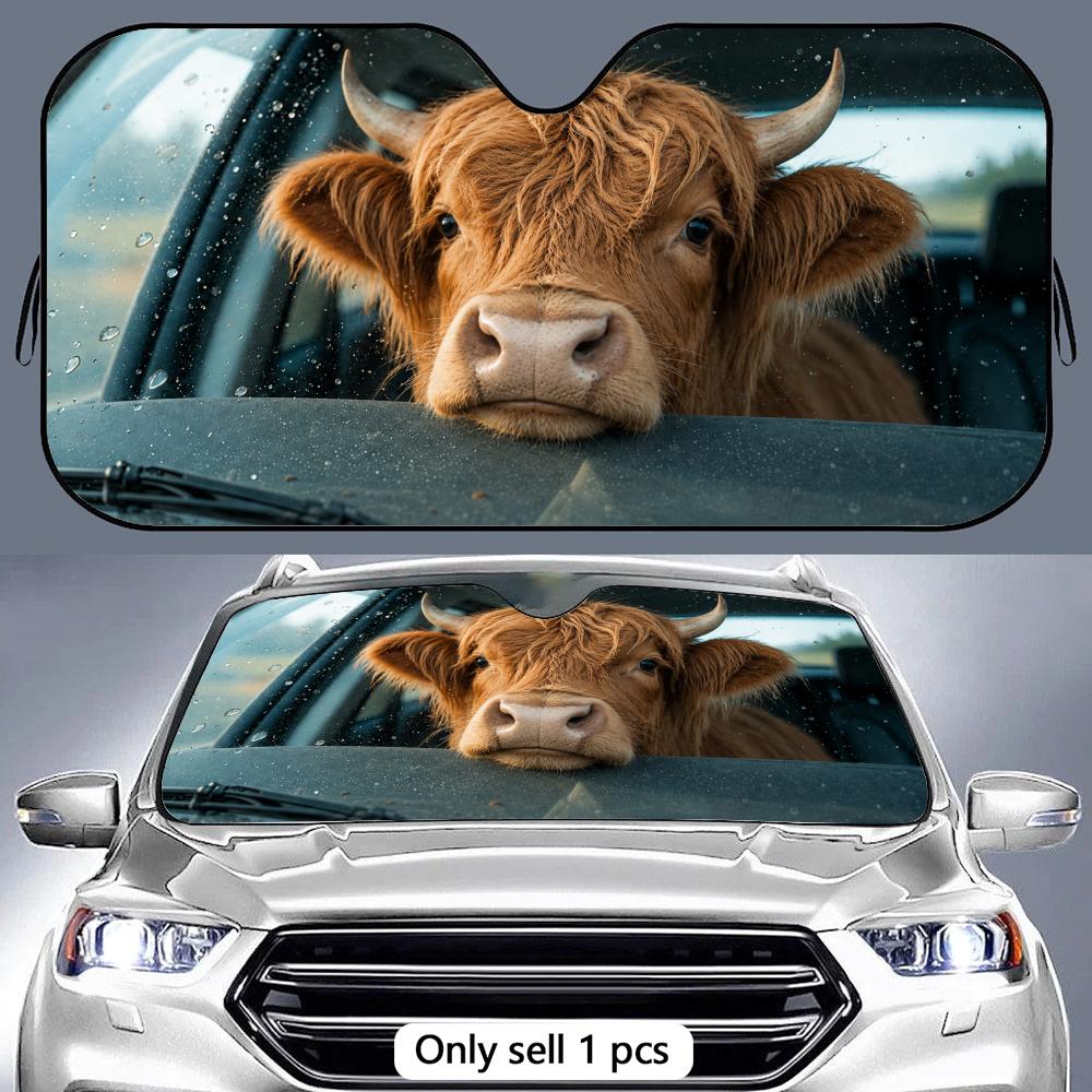 Funny Highland Cow Sun Visor Aluminum Foil Windshield Sunshade with Reflective UV Protection Heat Insulation Foldable Fit