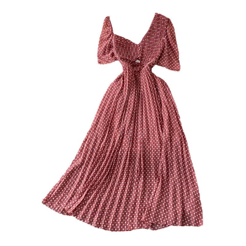 V-neck high waist and thin hollow bubble sleeves pleated dress seaside vacation pendulum long skirt casual style short sleeves