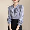 Синяя рубашка с бантом, женская дизайнерская рубашка Sense Niche Professional Temperament, шифоновый топ, кружево, весна и осень, длинные рукава для женщин
