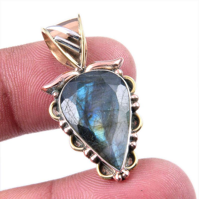Natural Labradorite 925 Solid Sterling Silver Jewelry TwoTone Pendant 1.25" t7V95